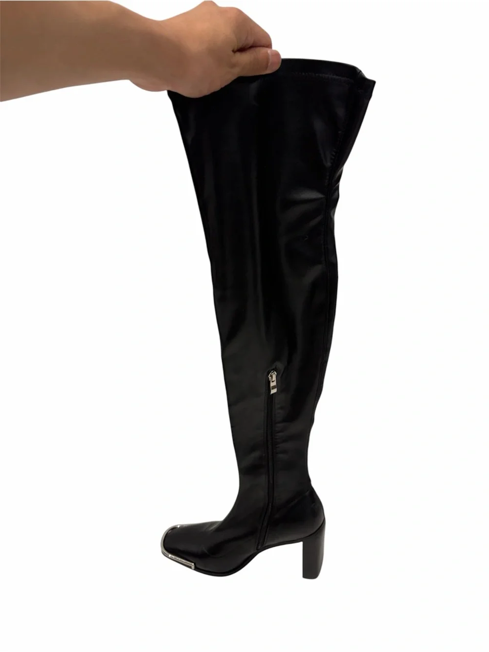 Azalea Wang Over-the-Knee Heeled Boots with Metal Toe Accent